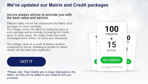 ImLive has changed their package pricing and their credit worth
