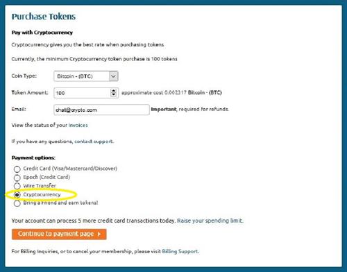 Choose the Crytocurrency payment method on Chaturbate.com